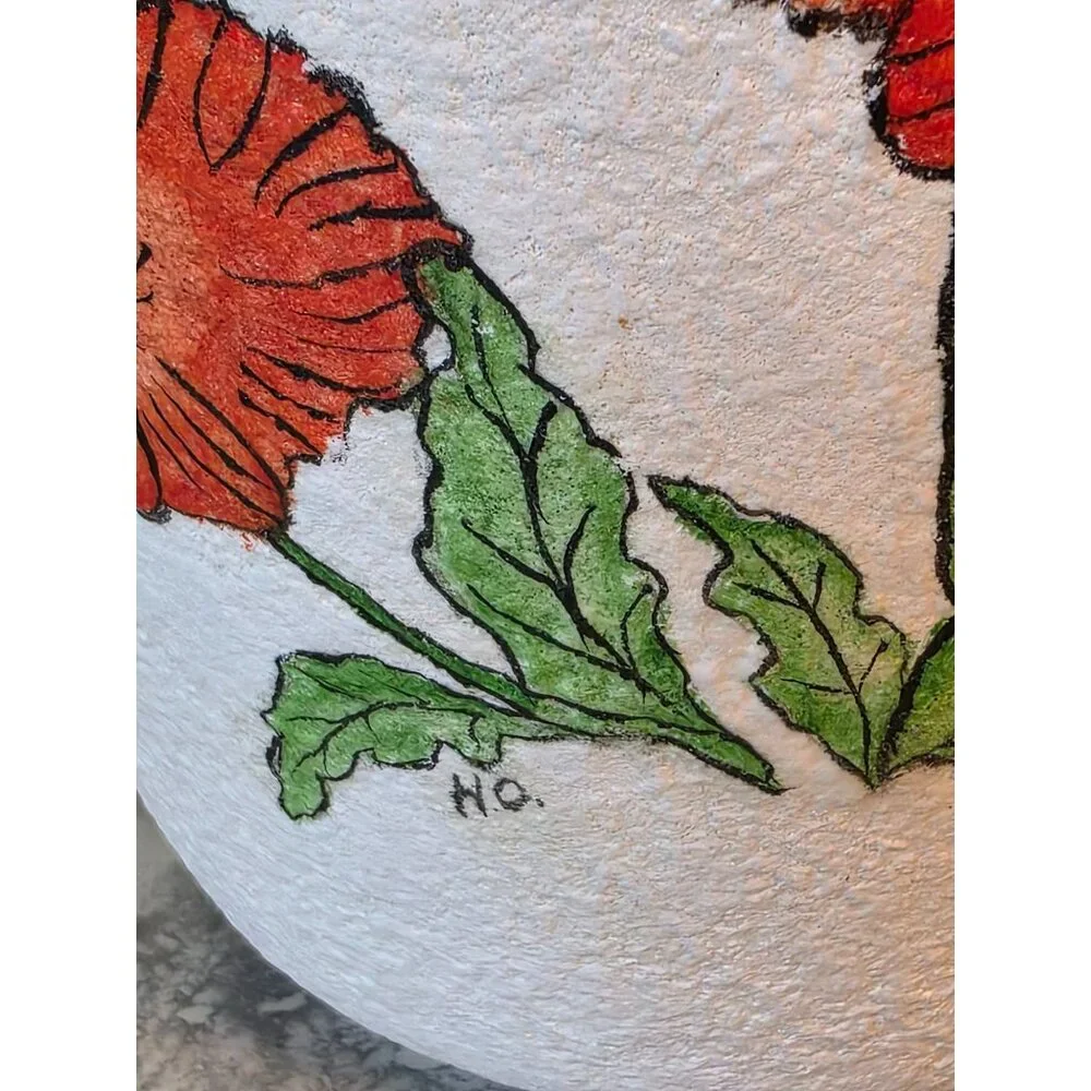 Signed Handcrafted White Textured‎ Vase Red Poppy Floral 10
